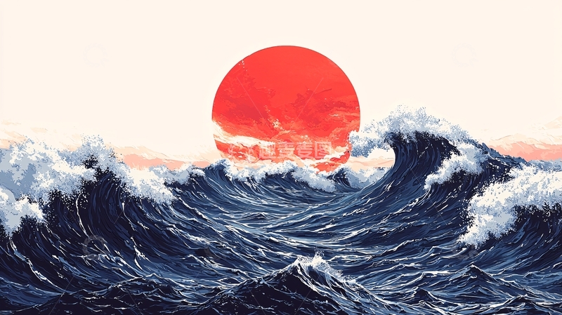 高清大图下载【趣麦麦图】巨浪滔天红日