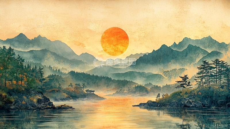 高清大图下载【趣麦麦图】日出山峦水墨画