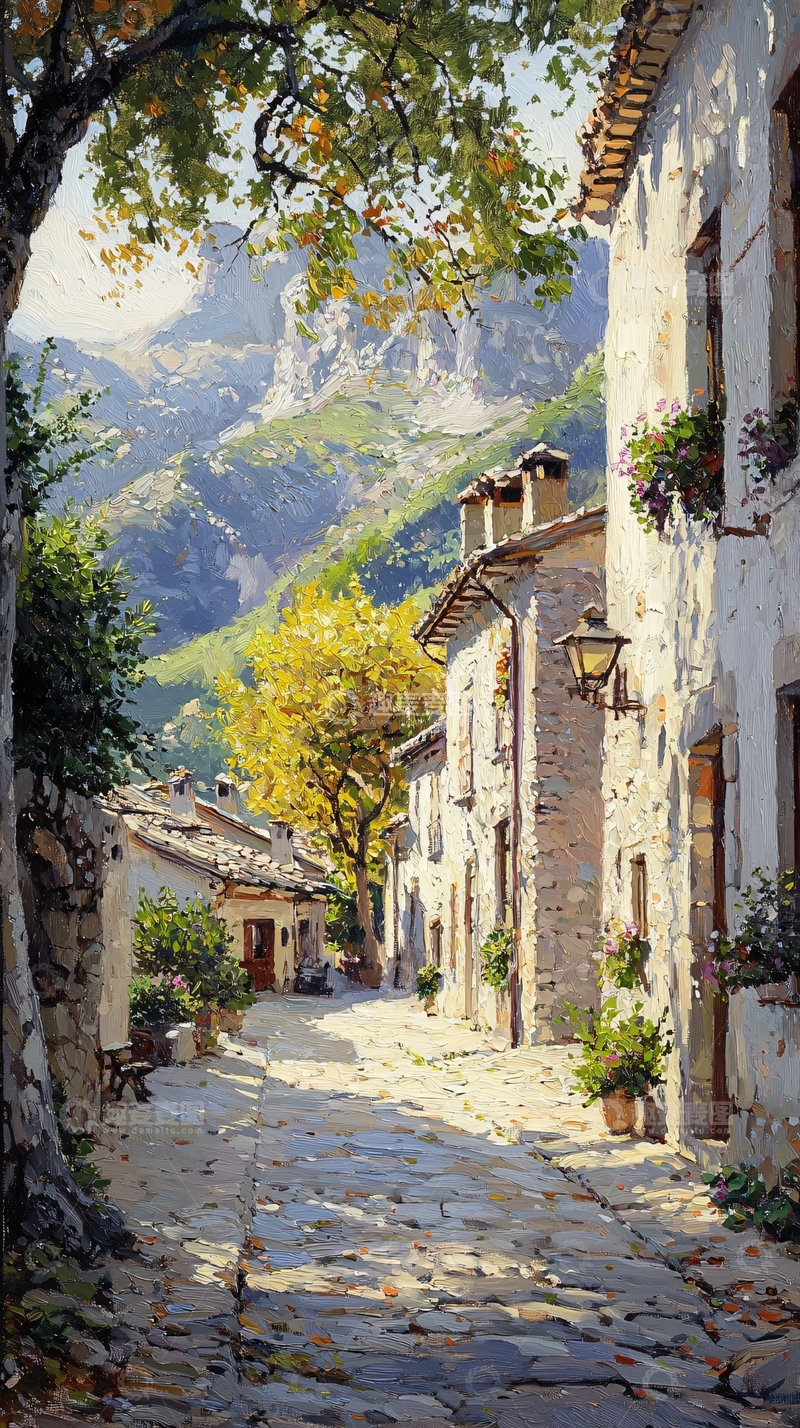 高清大图下载【趣麦麦图】阳光下的山间小镇街道