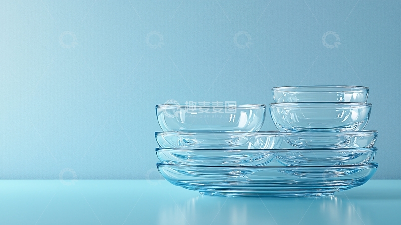 高清大图下载【趣麦麦图】蓝色背景下堆叠的玻璃碗碟