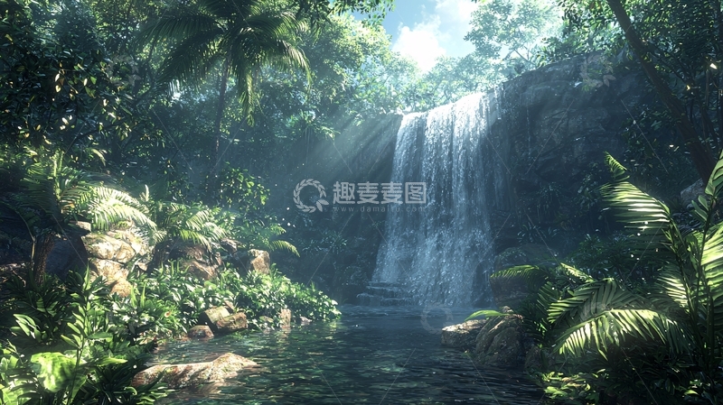 高清大图下载【趣麦麦图】热带雨林瀑布景观