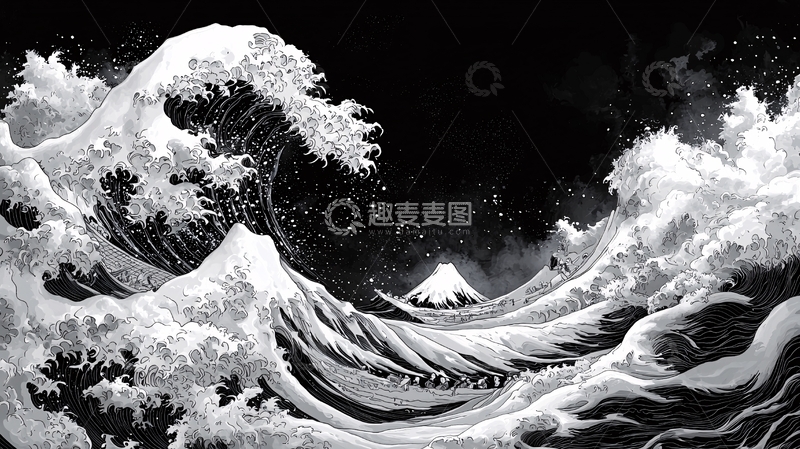 高清大图下载【趣麦麦图】黑白神奈川冲浪里