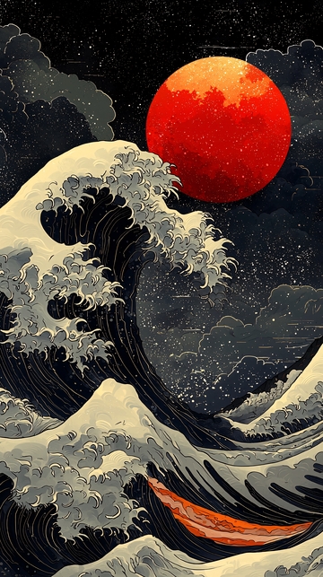 巨浪红月艺术画