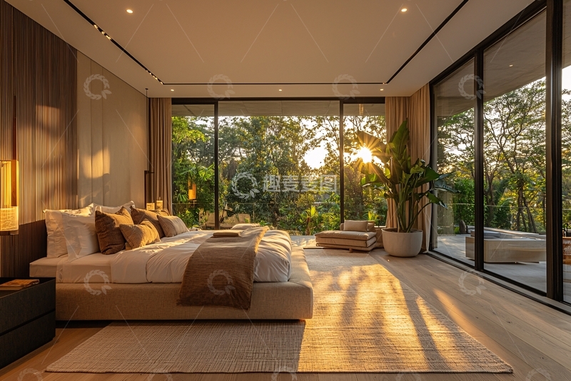 高清大图下载【趣麦麦图】现代极简卧室落地窗夕阳