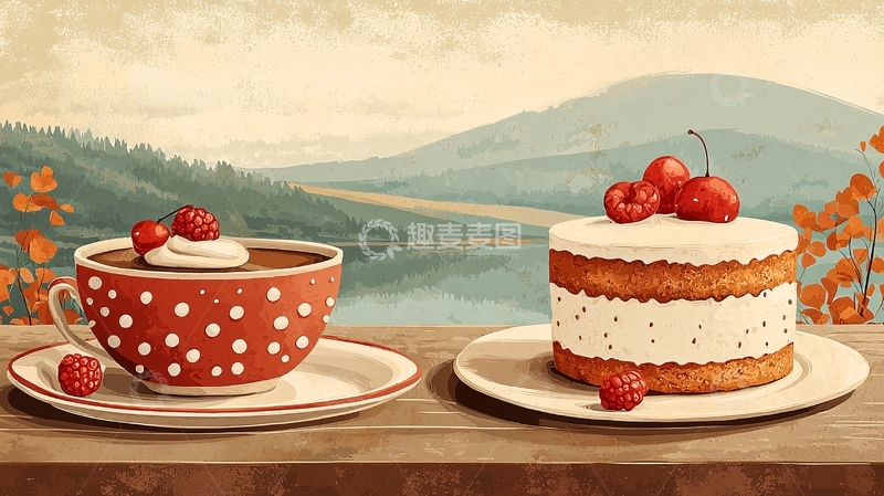 高清大图下载【趣麦麦图】红点咖啡杯和蛋糕