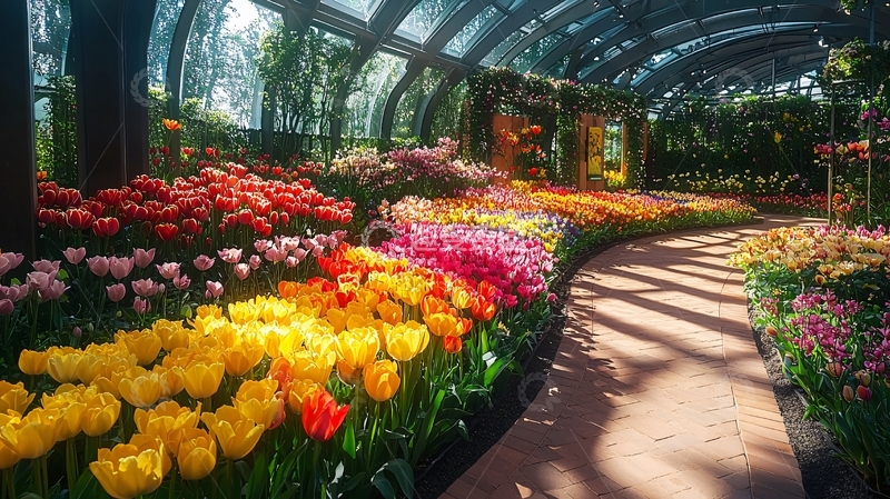 高清大图下载【趣麦麦图】阳光下五彩缤纷的郁金香花田