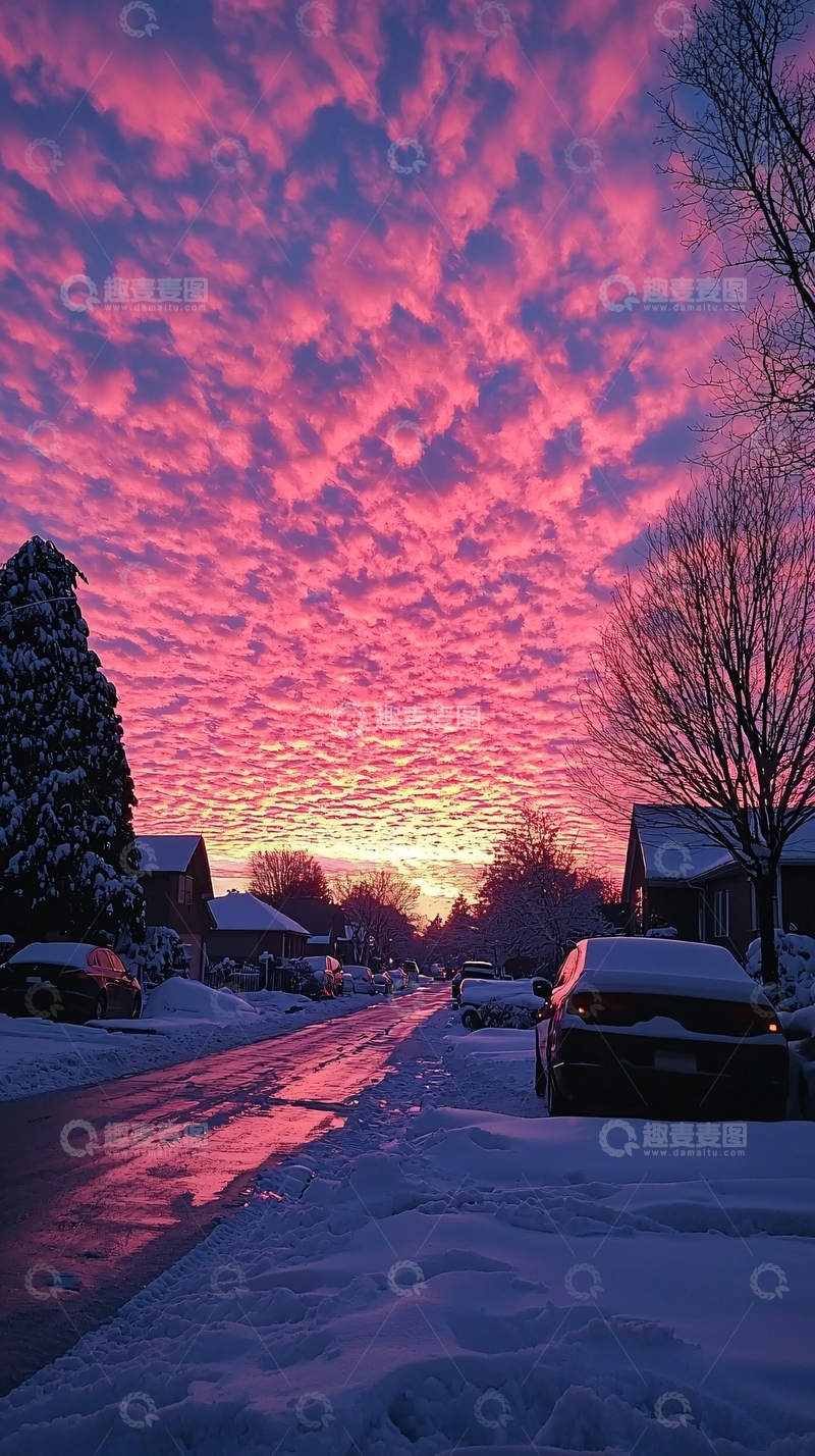 高清大图下载【趣麦麦图】粉红色天空下的雪景街道