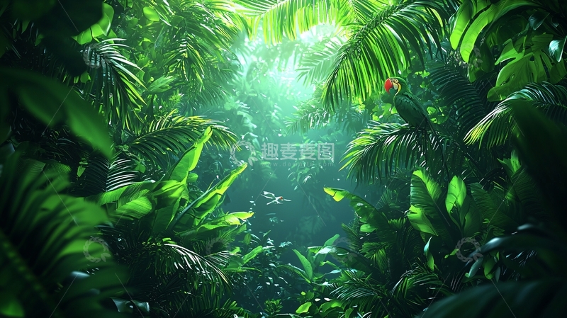 高清大图下载【趣麦麦图】热带雨林深处光线透过树叶