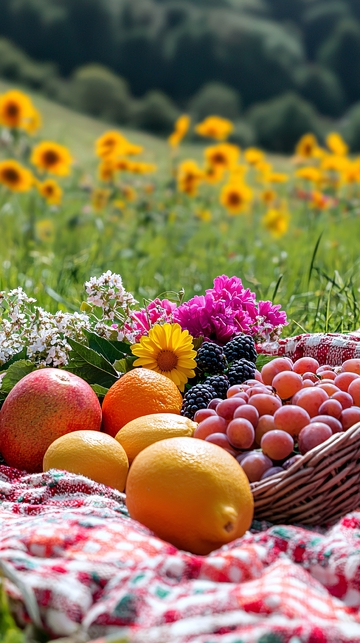 野餐篮水果鲜花田园风光