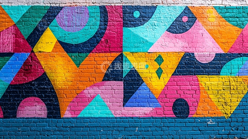 高清大图下载【趣麦麦图】彩色几何砖墙涂鸦