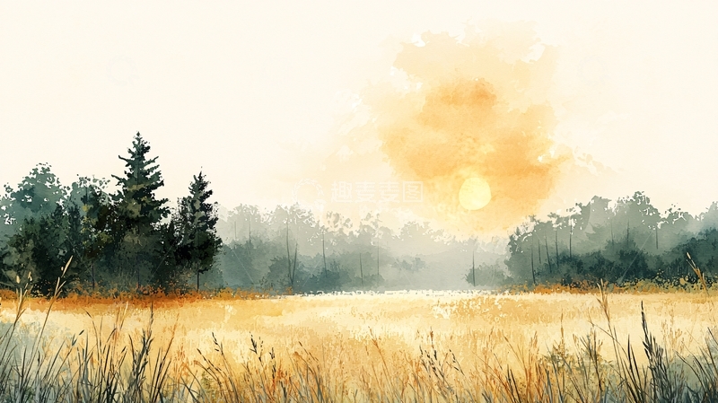 高清大图下载【趣麦麦图】水彩画日出森林草原