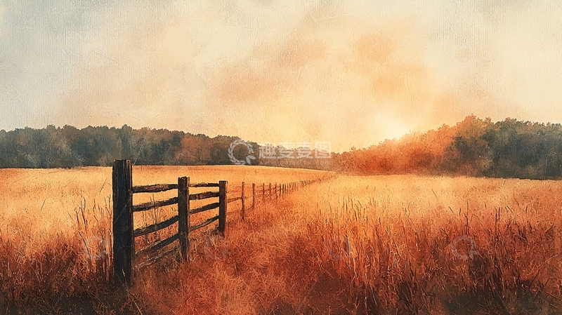 高清大图下载【趣麦麦图】秋日田野木栅栏日落