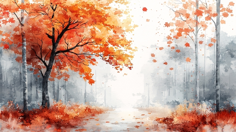 高清大图下载【趣麦麦图】秋季水彩画森林小路