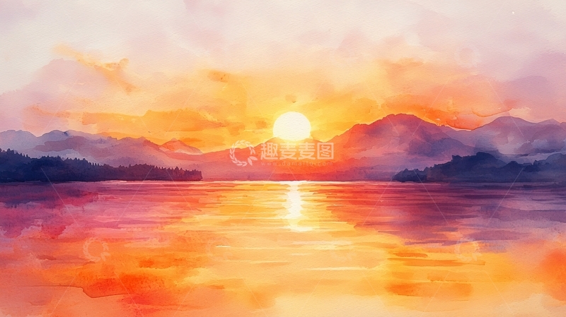 高清大图下载【趣麦麦图】水彩日落山水画