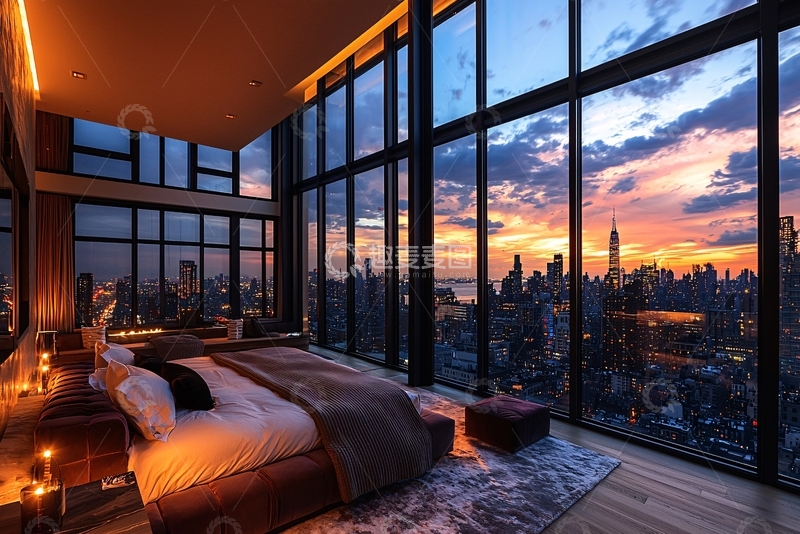高清大图下载【趣麦麦图】落地窗卧室夜景