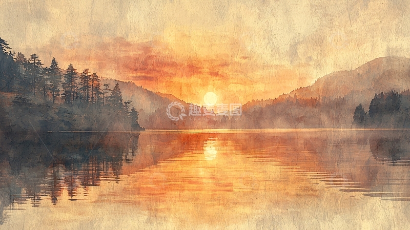 高清大图下载【趣麦麦图】水彩夕阳湖景