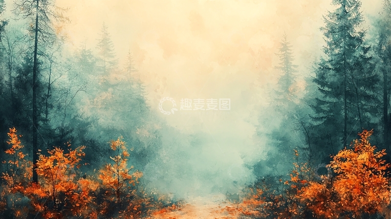 高清大图下载【趣麦麦图】雾气森林秋景