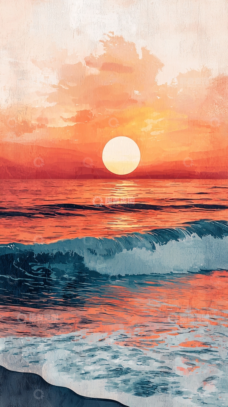 高清大图下载【趣麦麦图】日落海浪水彩画