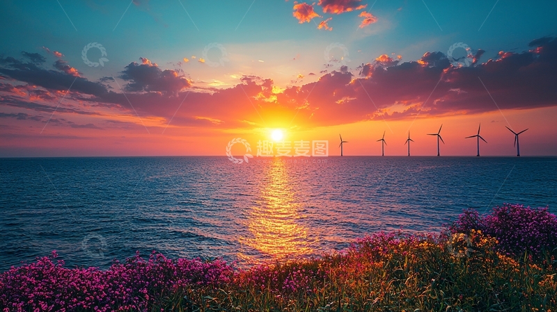 高清大图下载【趣麦麦图】海边日落风力发电