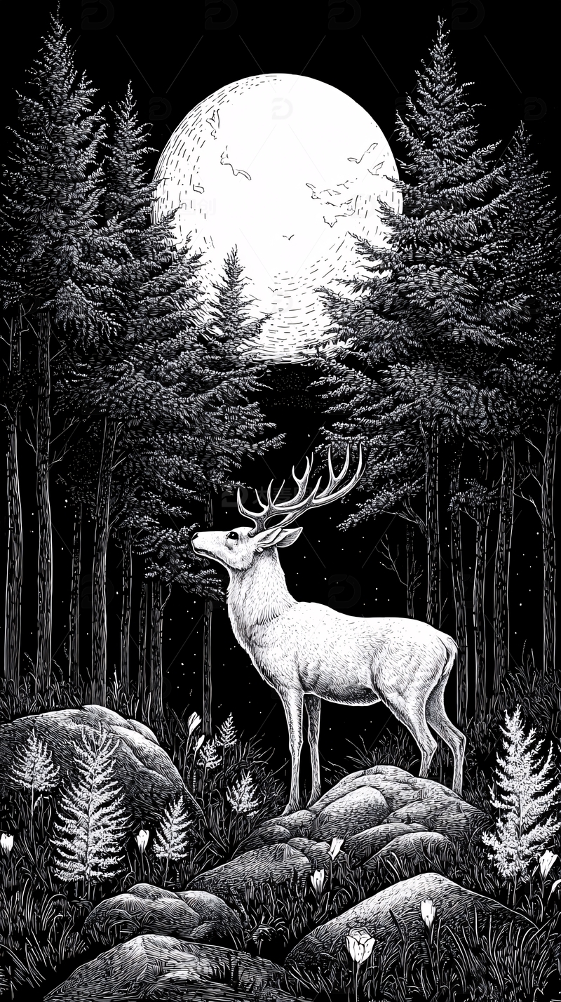 高清大图下载【趣麦麦图】黑夜森林白鹿月光