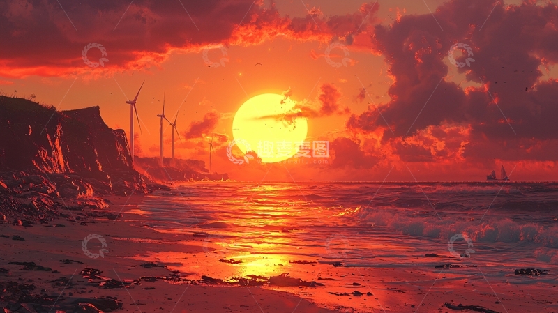 高清大图下载【趣麦麦图】夕阳西下海边风力发电