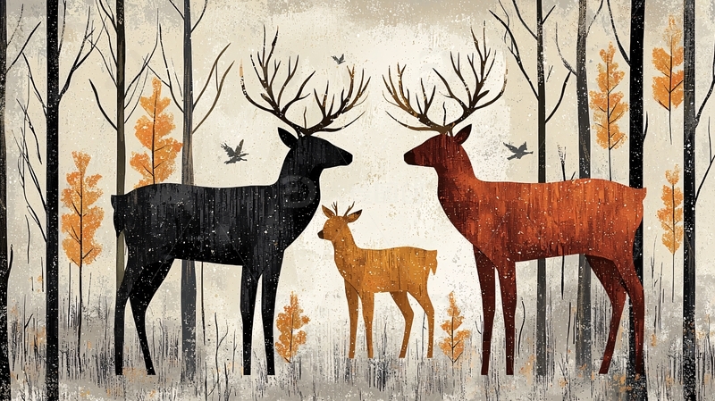 森林里的一对鹿和他们的孩子