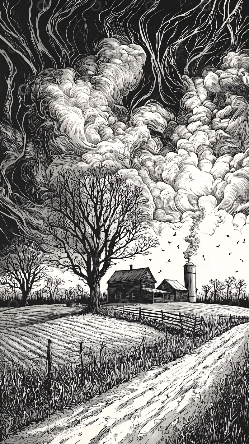 高清大图下载【趣麦麦图】黑白农场风景画