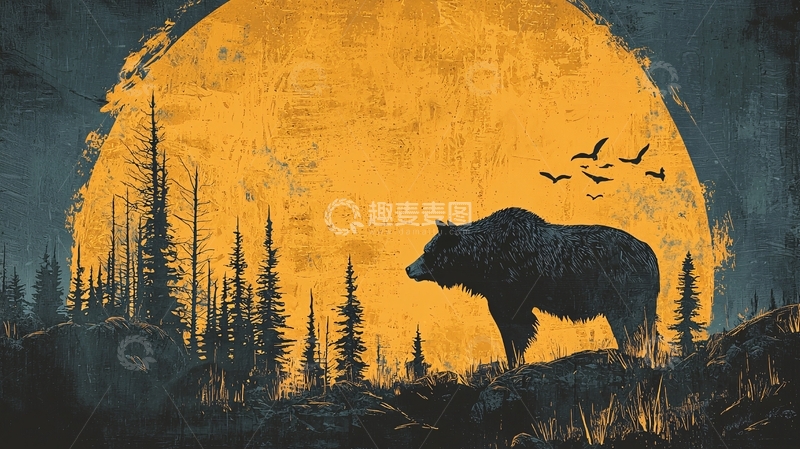 高清大图下载【趣麦麦图】黑熊剪影月夜森林