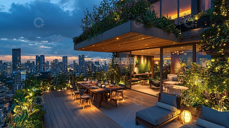 高清大图下载【趣麦麦图】夜景顶层公寓露台