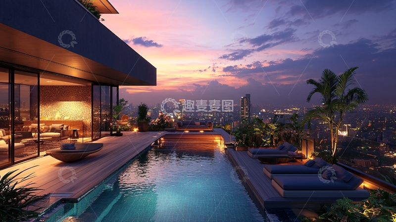 高清大图下载【趣麦麦图】夜景豪宅泳池