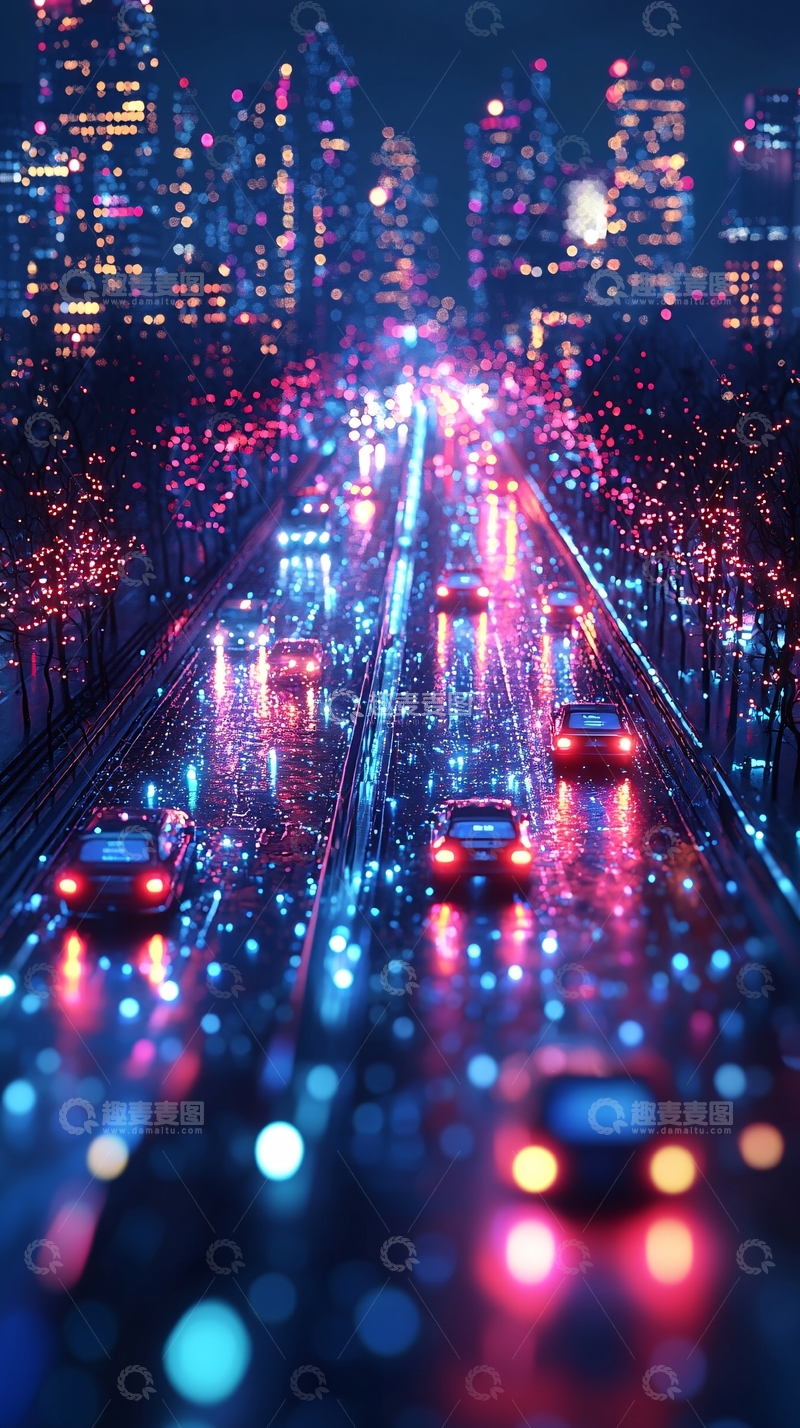 高清大图下载【趣麦麦图】雨夜霓虹都市夜景