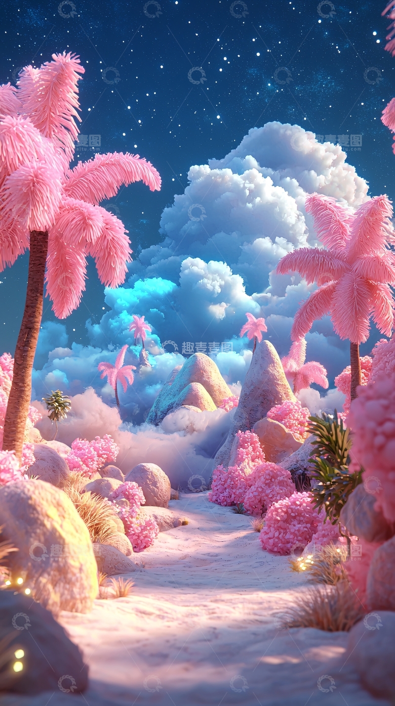 高清大图下载【趣麦麦图】梦幻粉色椰树星空