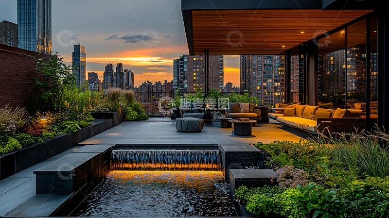 高清大图下载【趣麦麦图】现代都市屋顶花园夜景