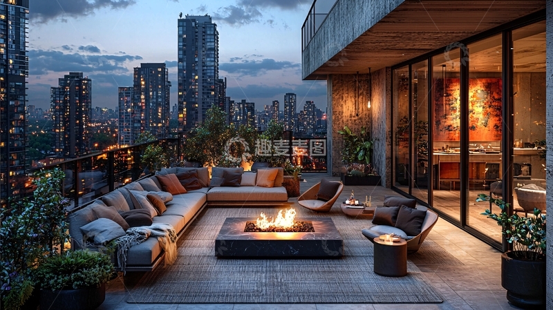 高清大图下载【趣麦麦图】城市夜景顶层公寓露台