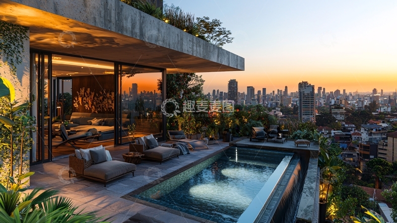 高清大图下载【趣麦麦图】顶层公寓泳池夜景