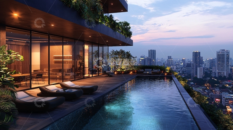 高清大图下载【趣麦麦图】高层建筑夜景泳池