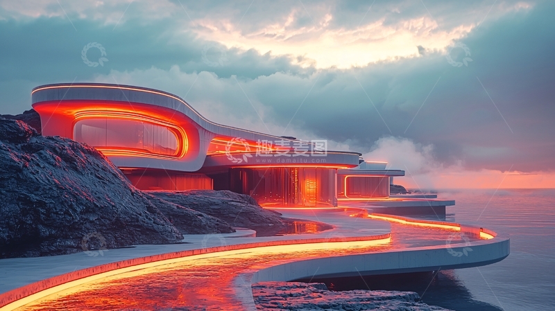 高清大图下载【趣麦麦图】未来科技感海边别墅