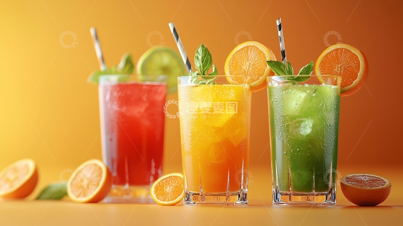 高清大图下载【趣麦麦图】三杯色彩鲜艳的果汁饮料