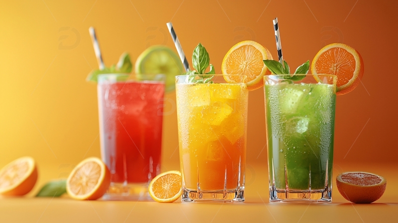 三杯色彩鲜艳的果汁饮料