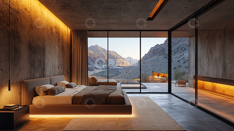 高清大图下载【趣麦麦图】极简山景落地窗卧室