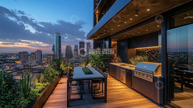 高清大图下载【趣麦麦图】城市天际线阳台烧烤区