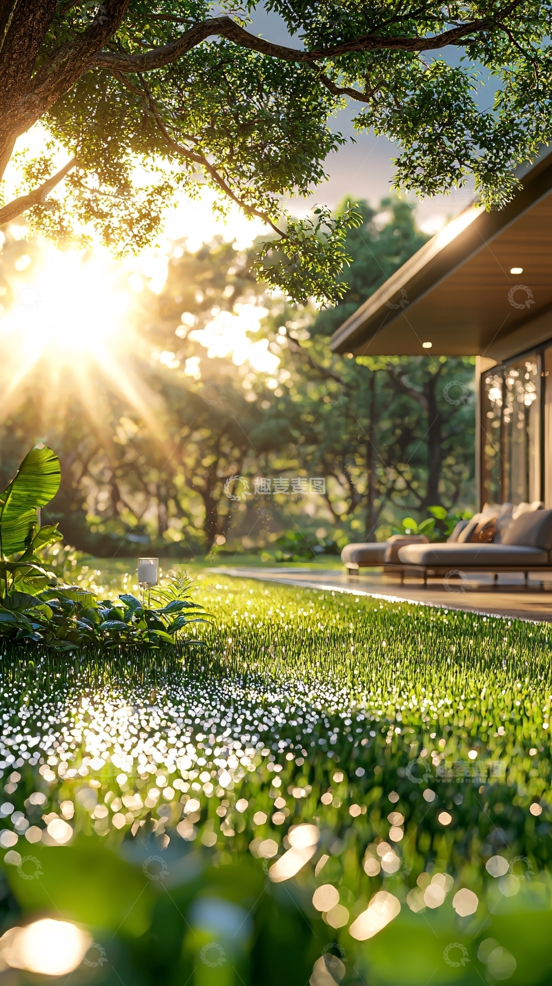 高清大图下载【趣麦麦图】阳光洒在绿草坪上的别墅