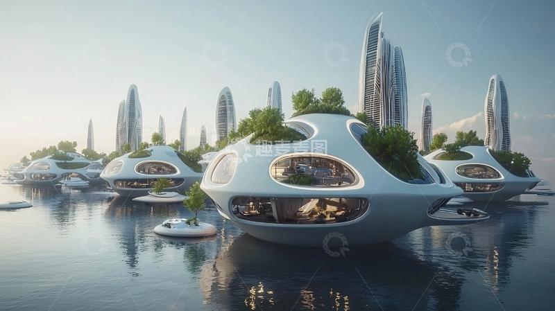 高清大图下载【趣麦麦图】未来都市水上漂浮建筑