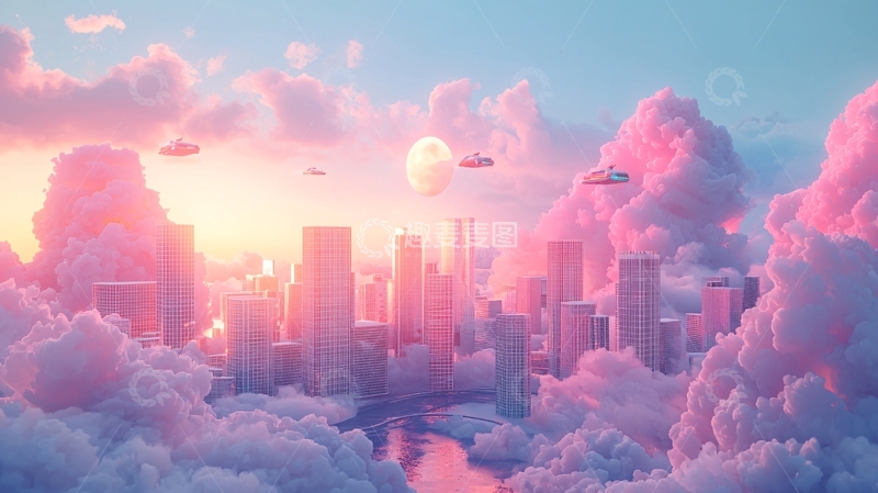 高清大图下载【趣麦麦图】粉色云朵中的未来城市