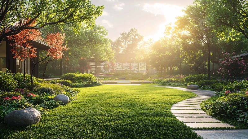 高清大图下载【趣麦麦图】阳光洒在绿草坪上的花园小径