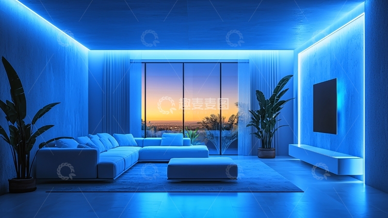 高清大图下载【趣麦麦图】现代简约蓝色灯光客厅
