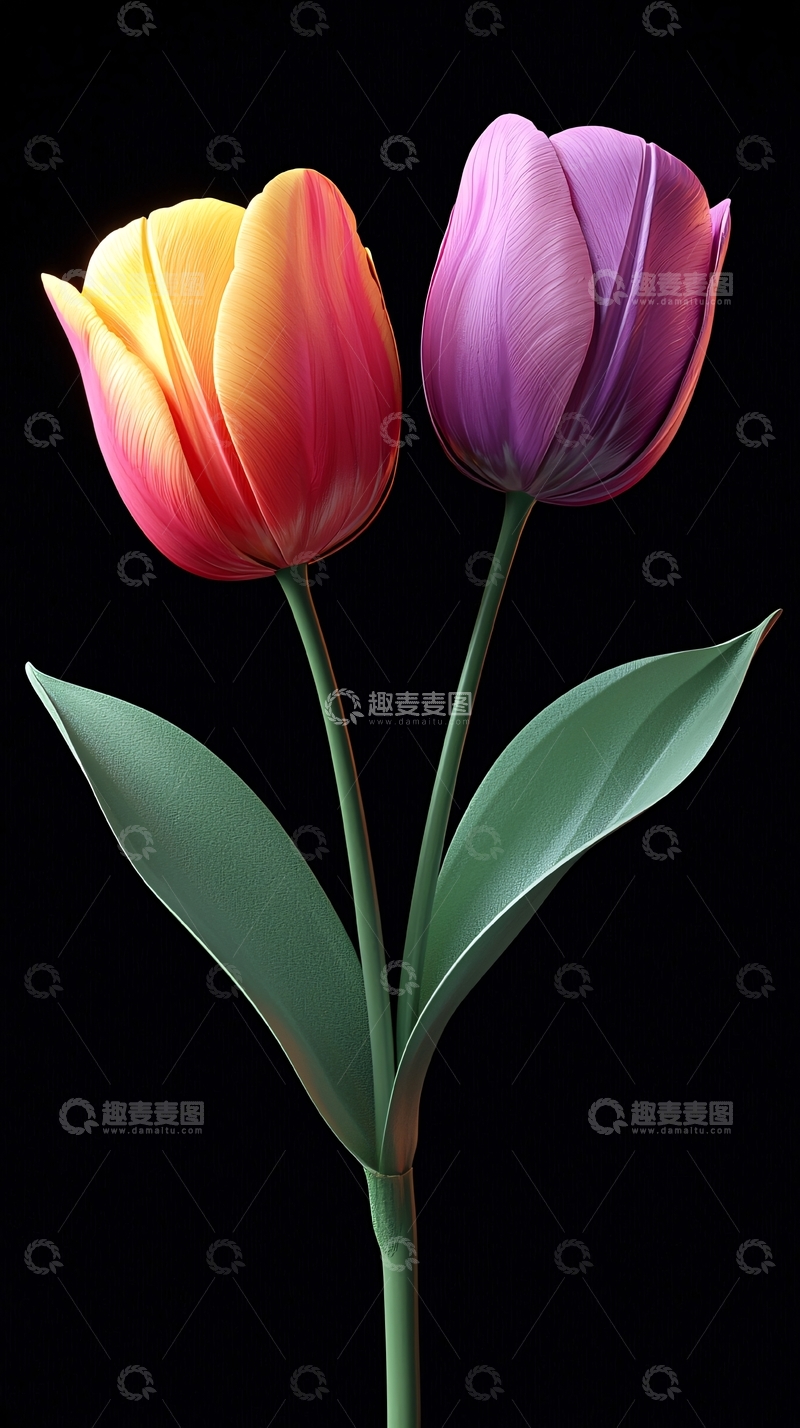 高清大图下载【趣麦麦图】黑底双色郁金香