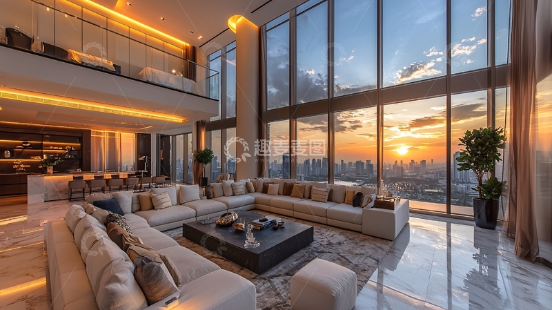 高清大图下载【趣麦麦图】豪华客厅落地窗夕阳