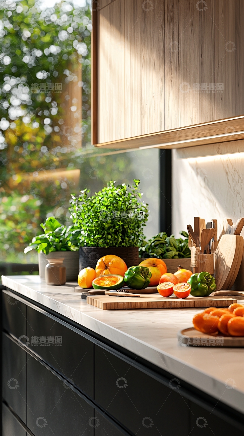 高清大图下载【趣麦麦图】阳光洒进现代化厨房