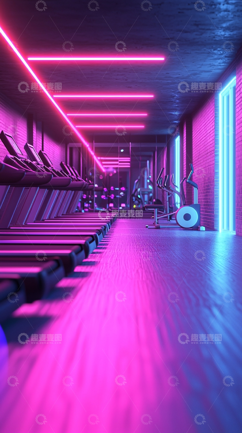 高清大图下载【趣麦麦图】霓虹灯健身房长廊
